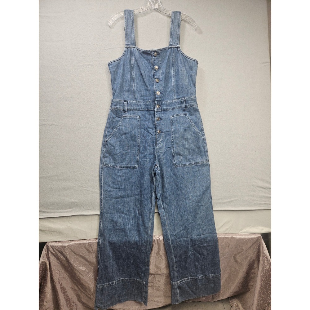 Aerie Womens Blue Denim Button Front Wide Leg Jumpsuit Medium Wash L